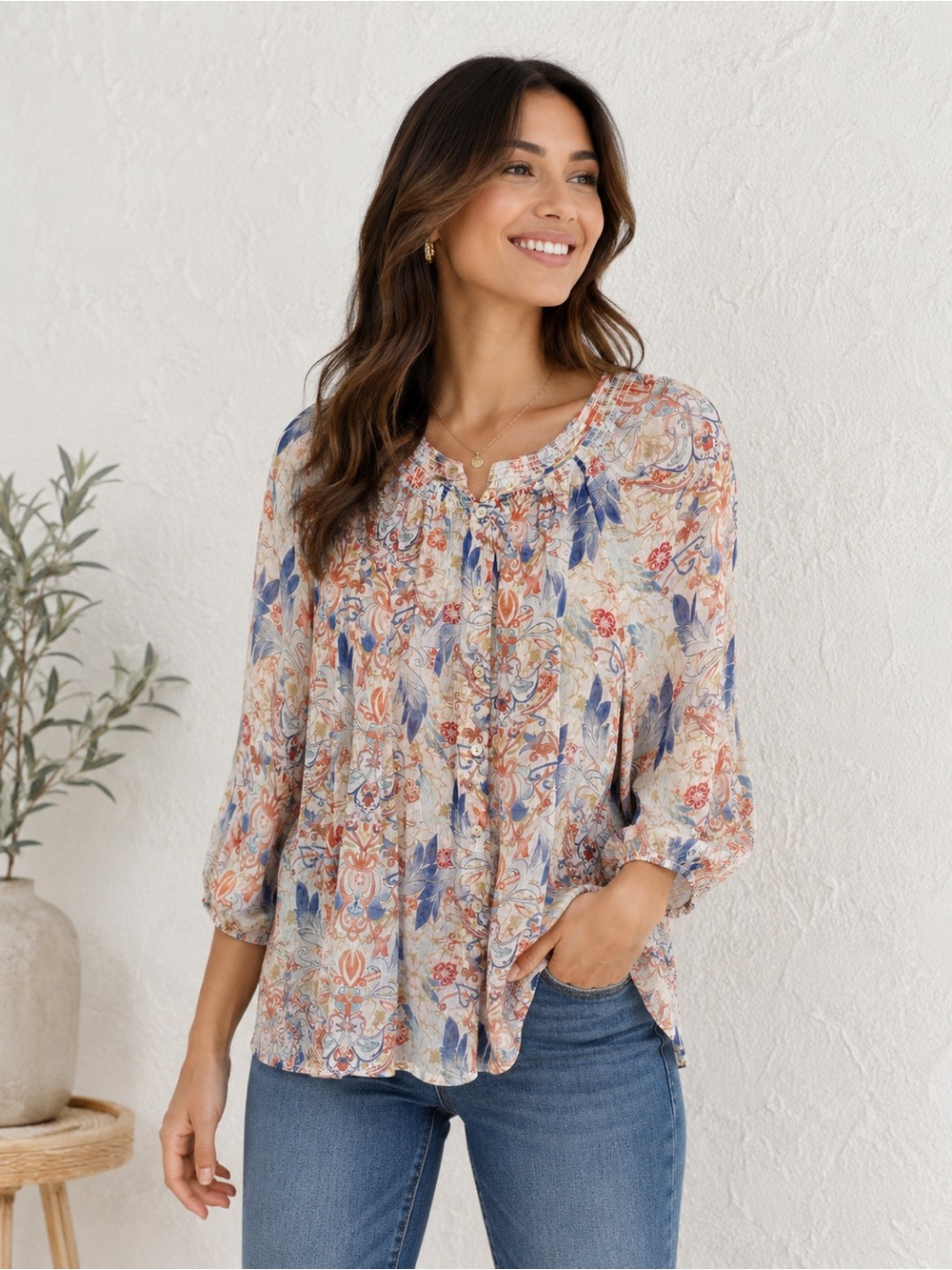 Sundance 100% Silk Cream Blouse with Blue & Rust Floral Motif S